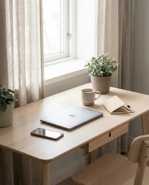 A calm desk with a closed laptop and a cup of coffee in morning light