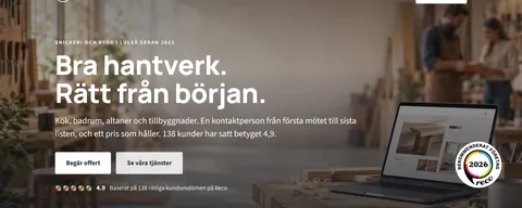 Startsida på en demosajt där Recos utmärkelse Rekommenderat företag och betygsraden syns i första vyn