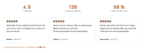 Snittbetyg, antal omdömen och andel som rekommenderar, följt av tre omdömeskort från Reco på en demosajt