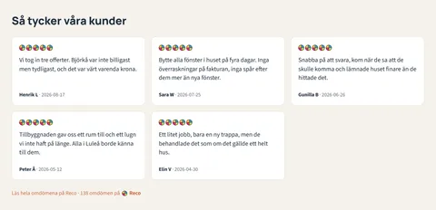 Fem omdömeskort från Reco med betygsbollar, namn och datum på en demosajt